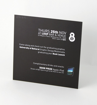 White text on black background. Square format invitation (un-addressed) to University of Ballarat, Bachelor of Visual Arts (Graphic Design / Multimedia) third year, graduating students Book Launch.