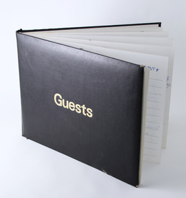 Hardcover bound guest book signed by Graphic Design/Multimedia exhibition attendees c1994–2000. Black leather-look cover with debossed gold foil reading "Guests".