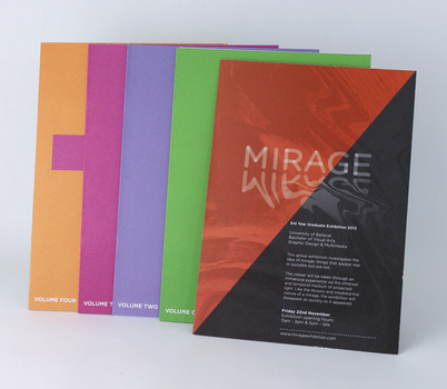From left: orange, grape, purple and green volumes, plus A5 "Mirage" invitation.