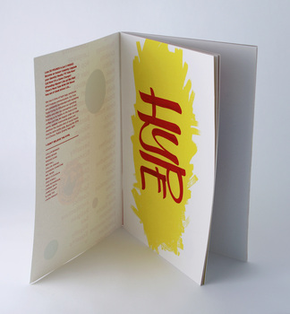 Inside front cover features red printed introductory text. Facing page "sign-painted" style type reading "Hype"
