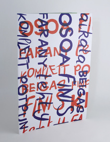 Cover, white book printed with overlapping dark orange and blue lettering.