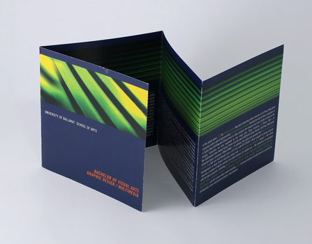Front and following sections of 8-page double fold promotional brochure for prospective students. Dark blue with green striped graphic image.