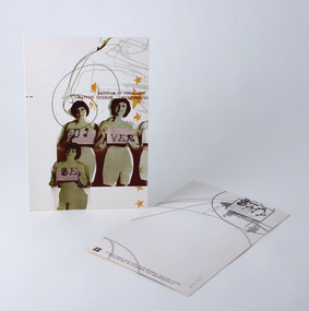 Front of card featuring coloured redesign of vintage lingerie models and typography, reverse single colour printed graphics.