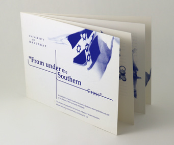 Front cover, printed blue on white, featuring image of University logo flat and text.