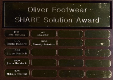 Plaque - Plaque - Award, VIOSH: University of Ballarat; Oliver Footwear SHARE Solution Award, 1998 - 2003