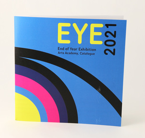 Square format book, radiating coloured circles from bottom left corner, blue background, yellow and black letterforms.