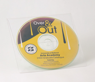 Circular CD rom printed in yellow and blue, reading "Over and Out" with University of Ballarat logo. Held in clear plastic sleeve.