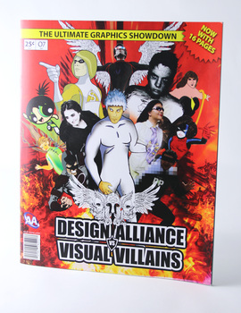 Comic-book-style cover, mostly red, featuring superhero-style student illustrations and images.