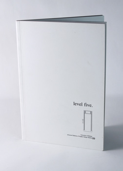 Cover of white, perfect bound book with text and image of elevator door in lower right hand corner.