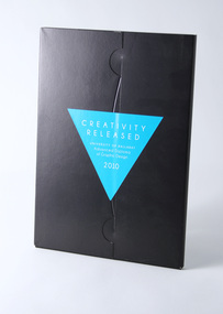 Black cardboard folder package, sealed with an upside-down blue triangular sticker, reading "creativity released"