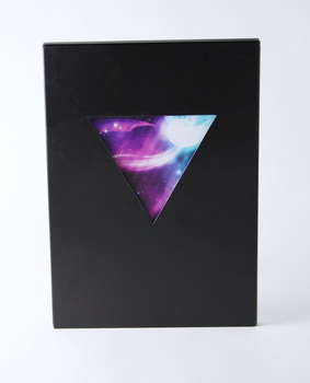 Black cardboard folder package, upside-down triangular window revealing one poster within.