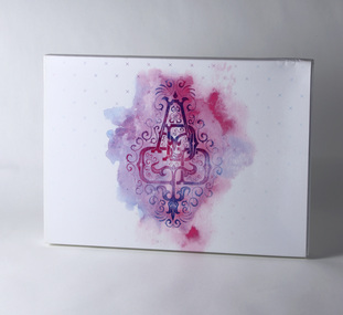 Front of white folded package, water-colour style graphic and ADGD letterforms printed in shades of pink and purple.