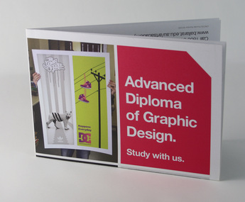 Front face of folded poster, featuring student image and magenta panel with white reverse type.