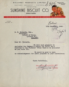 Document, Sunshine Biscuit Co. Letter to School of Mines Ballarat