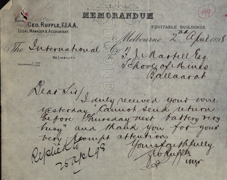 Memorandum dated 2nd April 1898