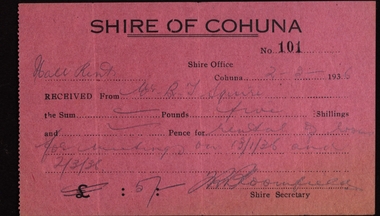 Document, Receipt from Shire of Cohuna for rent of hall for meeting