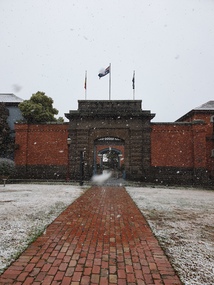 Film, Clare Gervasoni, Snow falling by the former Ballarat Gaol Gates, 2020, 25/09/2020