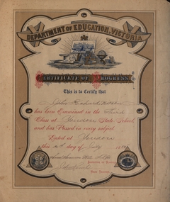 Certificate - Certificate of Progress, F.W. Niven & Co. Ballarat, Department of Education Certificate of Progress, 1 1885  .2 1886
