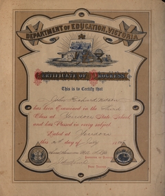 Certificate - Certificate of Progress, F.W. Niven & Co. Ballarat, Department of Education Certificate of Progress, 1 1885  .2 1886