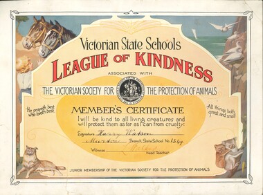 Certificate, Victorian State Schools League of Kindness Member's Certificate, c1920