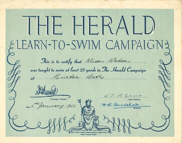 Certificate, Herald Learn-To-Swim Campaign Certificate, 1956, 1956