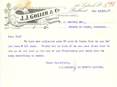 Document - Document - Letterhead, Letter on J. J. Goller & Co letterhead, 1919, 10/11/1910