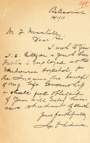 Letter, Letter from James Oddie concerning a prospective student for the Ballarat School of Mines, J.S. Gilligan, 1910, 16/10/1910