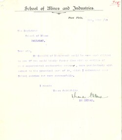 Letter - letterhead, Letter from Port Pirie School of Mines to the Ballarat School of Mines, 1910