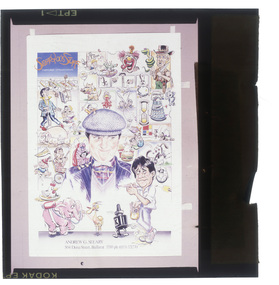 Photographic transparency of student poster featuring caricatures and cartoon elements.