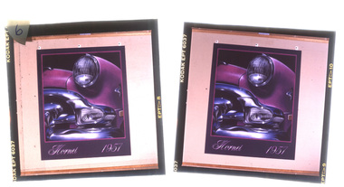 Two photographic transparencies of poster artwork, possibly airbrushed close up of vintage car