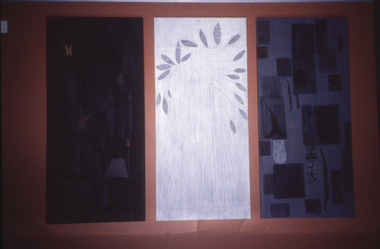 Three student works on wall, abstract and plant forms