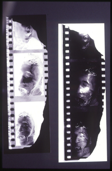 Image of positive and negative film frames including images of human face wrapped in cling-wrap