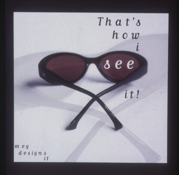 Square format poster with photograph of sunglasses and typographic overlay