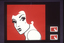 Variation of "redhead" matchbox girl looking over shoulder, with squared jawline and beard stubble. Red background, black and white illustration
