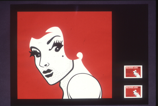 Variation of "redhead" matchbox girl looking over shoulder, with squared jawline and beard stubble. Red background, black and white illustration