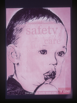 Black and white drawing of a very young child with hand to mouth, pink wash and text overlay says "travel, safety, economy, care, convenience"