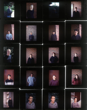 Digital scan contact sheet of photographic slide transparencies of multiple students.