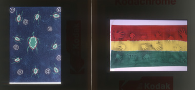 Two works, one featuring green turtles on blue background, the other featuring handprints on red, yellow and green panels.