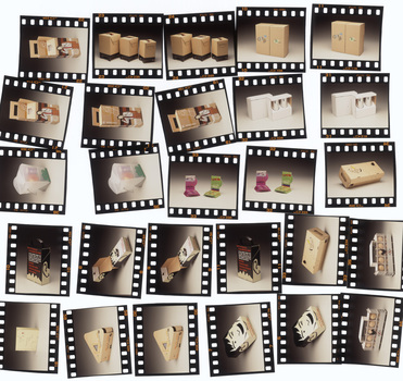 Digital scan contact sheet of photographic slide transparencies showing various student packaging designs