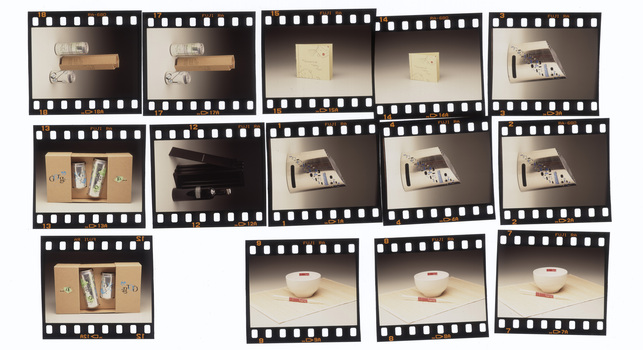 Digital scan contact sheet of photographic slide transparencies showing various student packaging designs