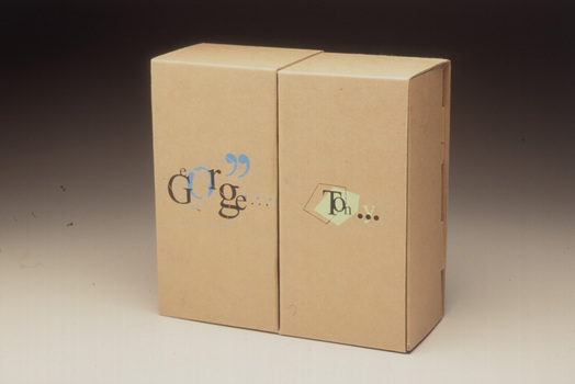 Closed cardboard packaging with "George" and "Tony" in black, light blue and mint green graphics