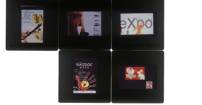 Five 35mm slides, one featuring an "evil apple" others "Design Expo", "Naidoc Week" and "Redheads" matches.