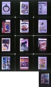 Digital scan contact sheet of photographic slide transparencies featuring works by prominent Australian designers