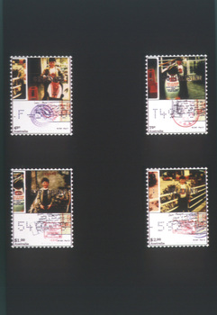 Four postage stamps, each featuring a boy, overlaid with delivery stamps and text.