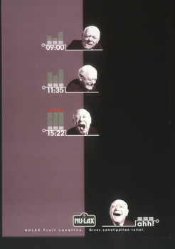 Vertical student poster for Nu-lax, featuring senior man pulling faces.  Divided vertically by colour, listing times until his constipation is relieved.