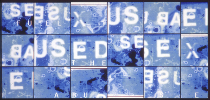 Blue mottled background divided into 18 squares with reverse typography