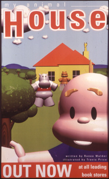 Large digital image of person standing in front of house with hippo and bear