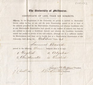 Certificate, The University of Melbourne matriculation examination certificate, 1873