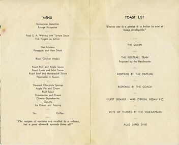 Menu card, Ballarat College 1970 Football Premiership Dinner, 1970