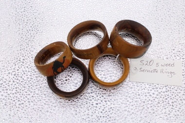 Five (5 )Wooden Serviette rings, Wooden round serviette rings with Jerusalem marked on each ring, 1940's